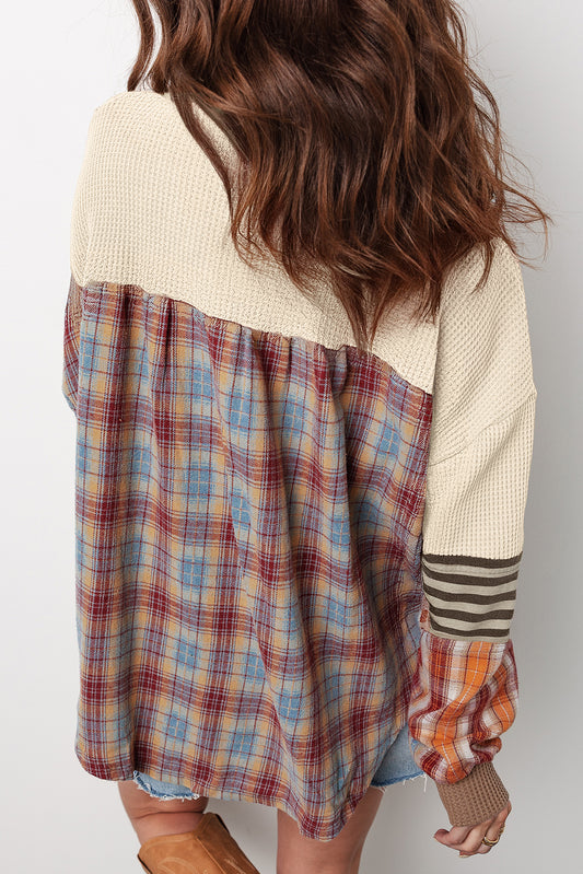 Beige Waffle Stripe Plaid Patchwork Henley Knit Top